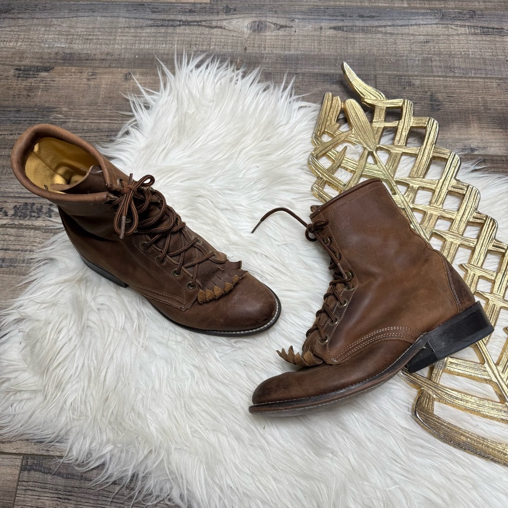 Laredo Brown Leather Lace Up Tassels Ankle Western Boots